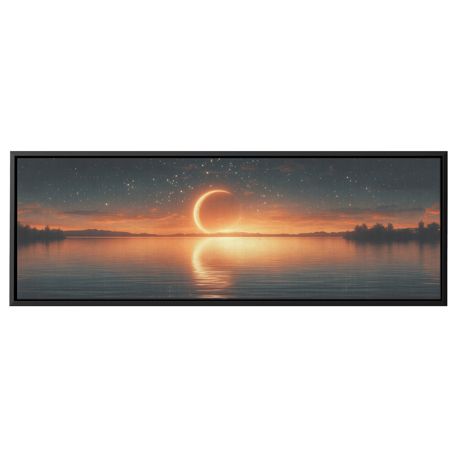 Minimalist Celestial Artwork Crescent Moons Dotted Star Trails Muted Olive Taupe Tones Ultra High Definition Boho Elegance Panoramic Framed Canvas Wall Art - Awakening Righteousness