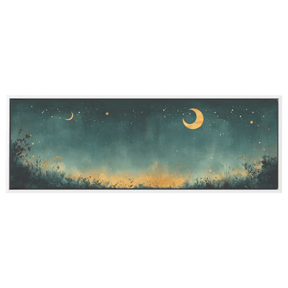 Minimalist Celestial Design Crescent Moons Tiny Stars Muted Green Background Ultra High Definition Clean Simplicity Panoramic Framed Canvas Wall Art - Awakening Righteousness