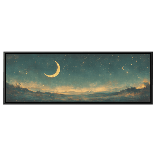 Minimalist Celestial Design Crescent Moons Tiny Stars Muted Green Background Ultra High Definition Clean Simplicity Panoramic Framed Canvas Wall Art - Awakening Righteousness