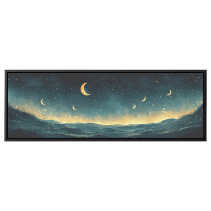 Minimalist Celestial Design Crescent Moons Tiny Stars Muted Green Background Ultra High Definition Clean Simplicity Panoramic Framed Canvas Wall Art - Awakening Righteousness