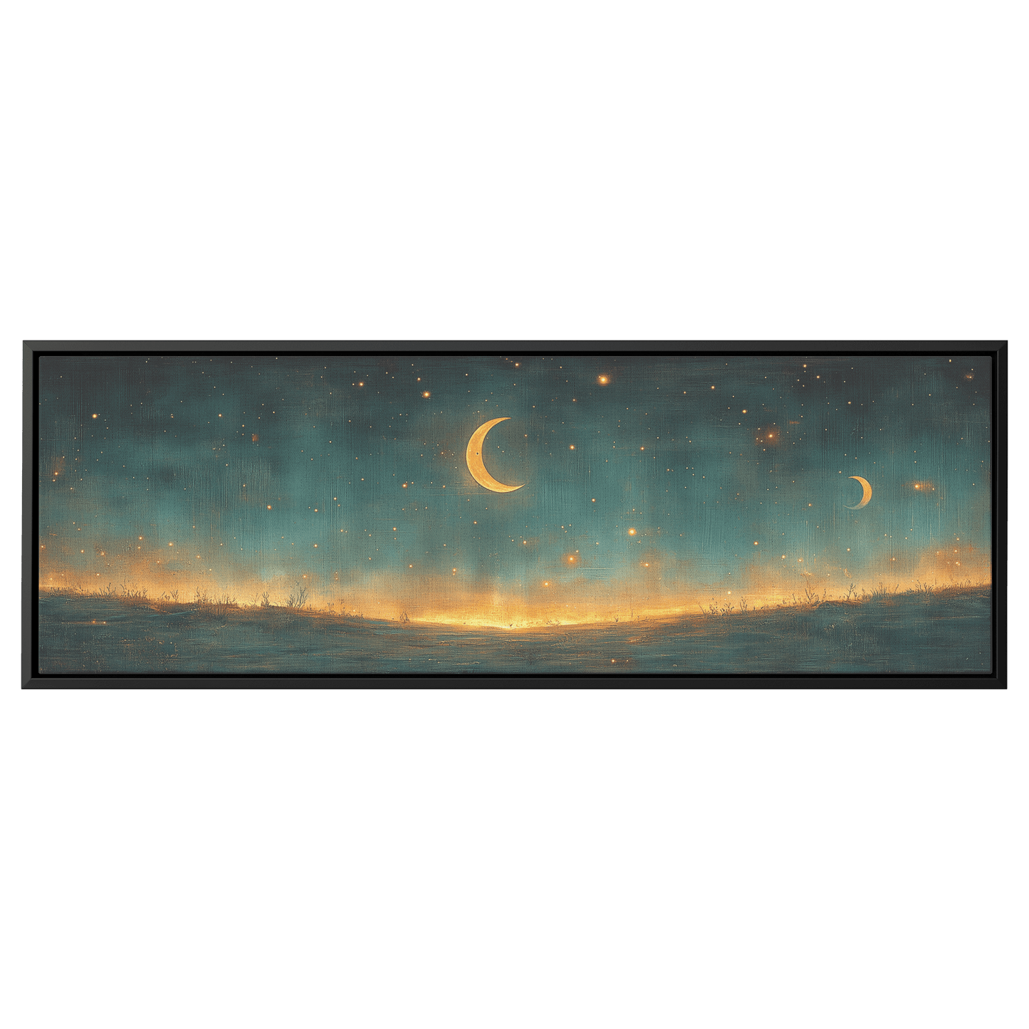 Minimalist Celestial Design Crescent Moons Tiny Stars Muted Green Background Ultra High Definition Clean Simplicity Panoramic Framed Canvas Wall Art - Awakening Righteousness