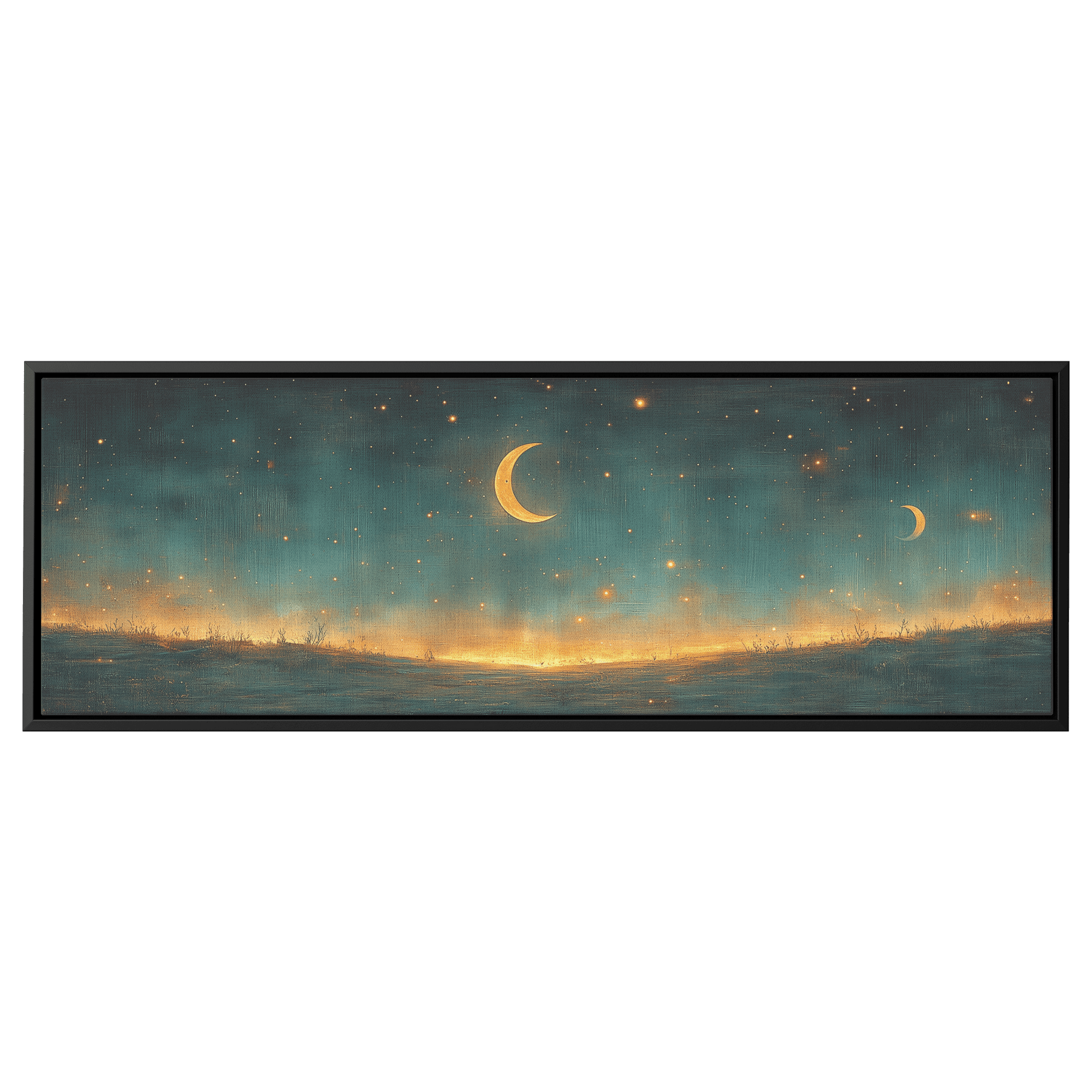 Minimalist Celestial Design Crescent Moons Tiny Stars Muted Green Background Ultra High Definition Clean Simplicity Panoramic Framed Canvas Wall Art - Awakening Righteousness