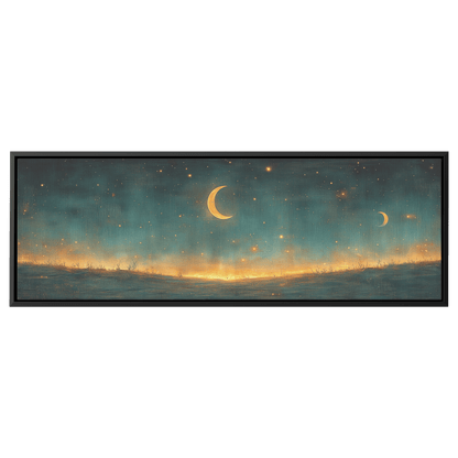Minimalist Celestial Design Crescent Moons Tiny Stars Muted Green Background Ultra High Definition Clean Simplicity Panoramic Framed Canvas Wall Art - Awakening Righteousness
