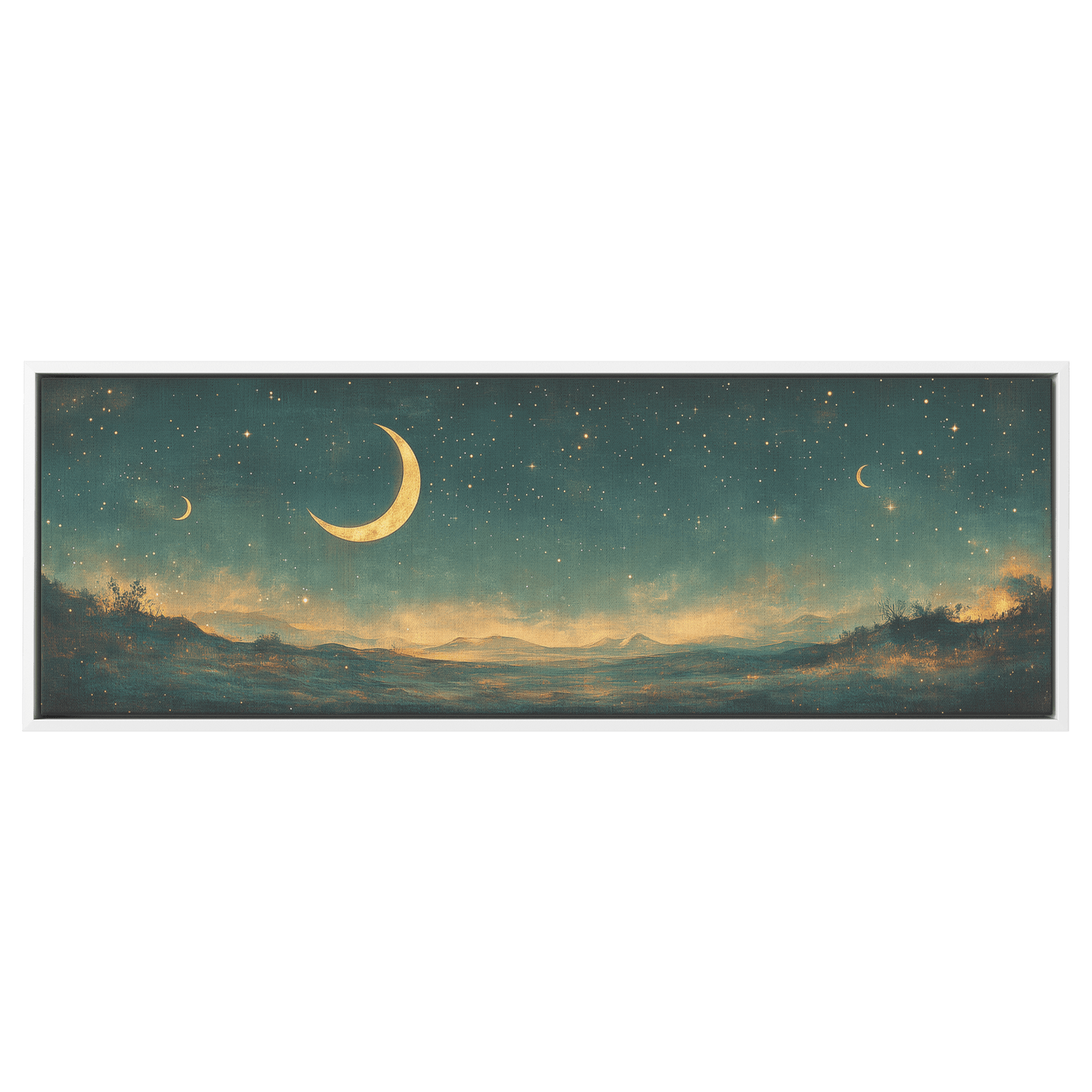 Minimalist Celestial Design Crescent Moons Tiny Stars Muted Green Background Ultra High Definition Clean Simplicity Panoramic Framed Canvas Wall Art - Awakening Righteousness
