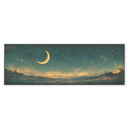Minimalist Celestial Design Crescent Moons Tiny Stars Muted Green Background Ultra High Definition Clean Simplicity Panoramic Framed Canvas Wall Art - Awakening Righteousness