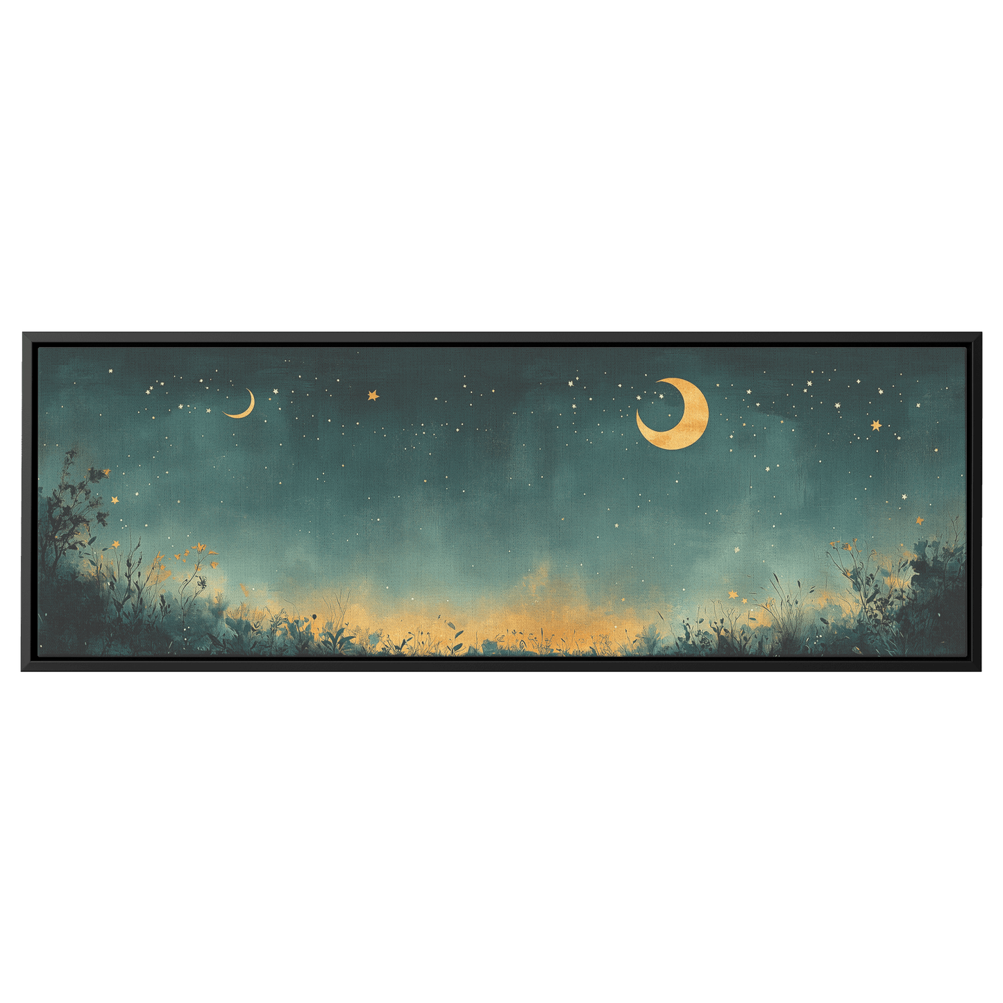 Minimalist Celestial Design Crescent Moons Tiny Stars Muted Green Background Ultra High Definition Clean Simplicity Panoramic Framed Canvas Wall Art - Awakening Righteousness