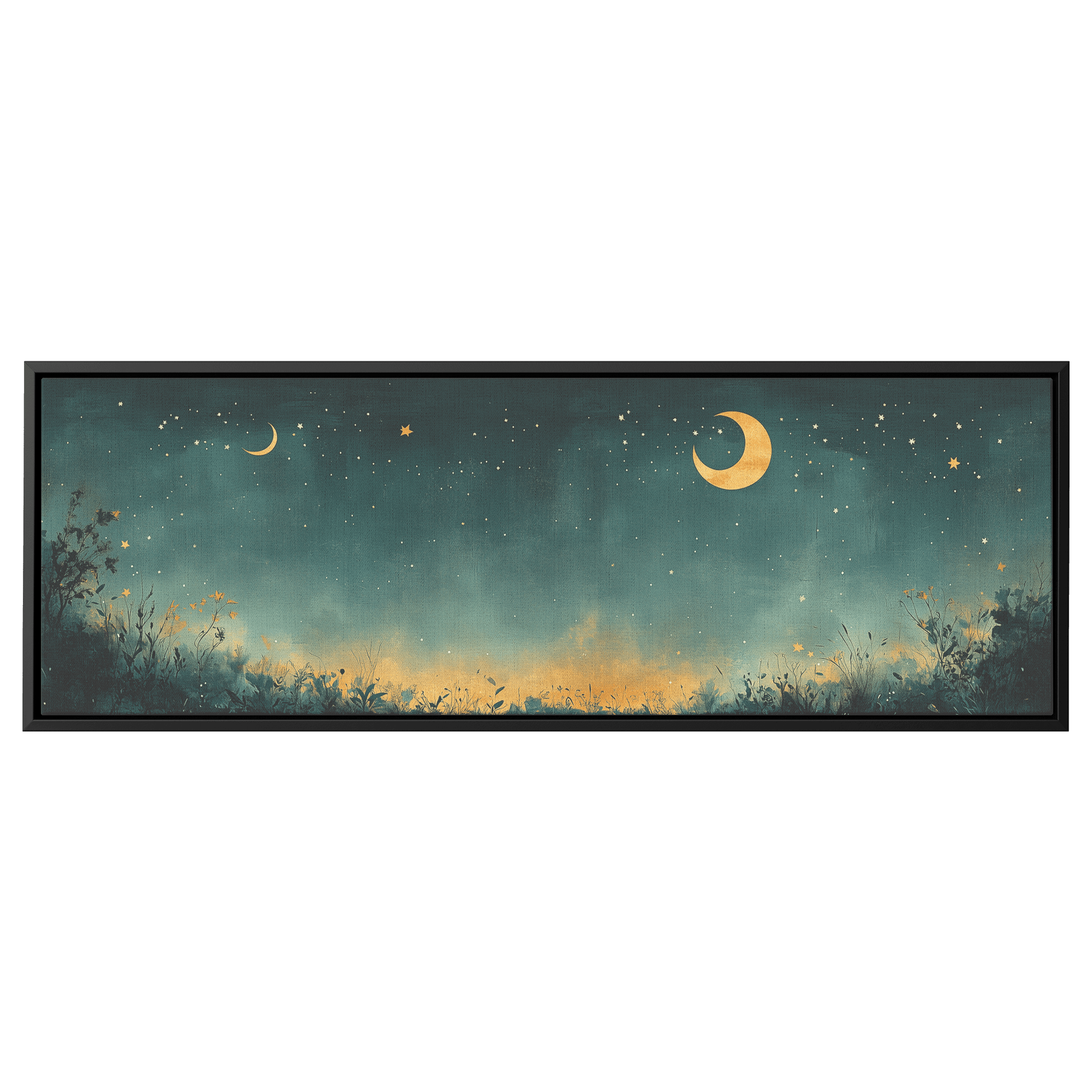 Minimalist Celestial Design Crescent Moons Tiny Stars Muted Green Background Ultra High Definition Clean Simplicity Panoramic Framed Canvas Wall Art - Awakening Righteousness