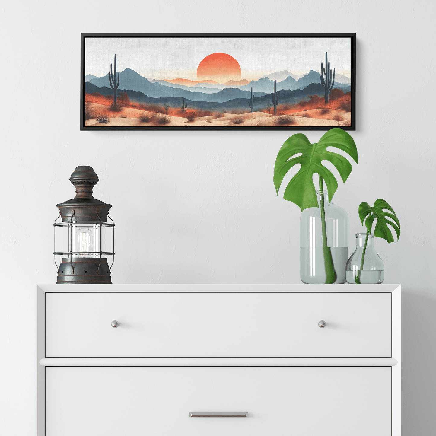 Minimalist Desert Scene Bold Cacti Silhouettes Muted Sand Dunes Soft Gray Sky Ultra High Definition Refined Textures Canvas Wall Art - Awakening Righteousness