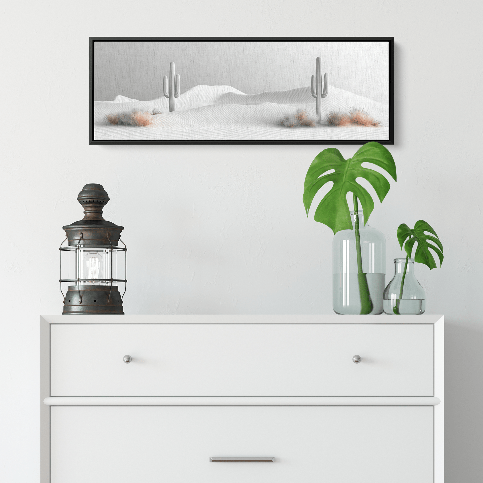 Minimalist Desert Scene Bold Cacti Silhouettes Muted Sand Dunes Soft Gray Sky Ultra High Definition Refined Textures Canvas Wall Art - Awakening Righteousness