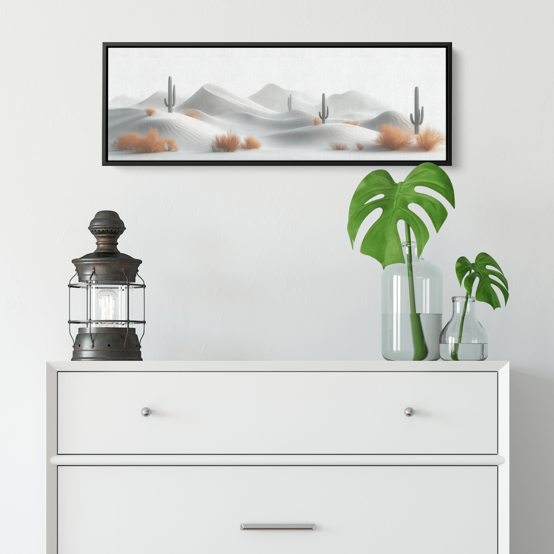 Minimalist Desert Scene Bold Cacti Silhouettes Muted Sand Dunes Soft Gray Sky Ultra High Definition Refined Textures Canvas Wall Art - Awakening Righteousness