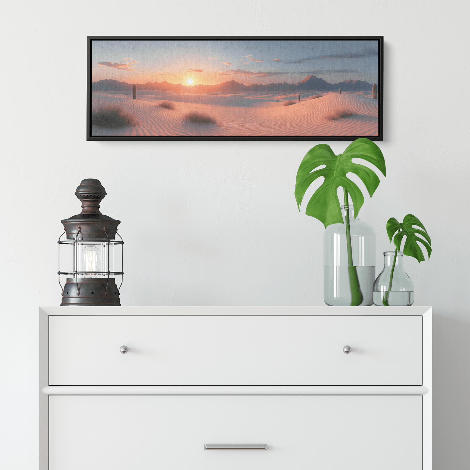 Minimalist Desert Scene Bold Cacti Silhouettes Muted Sand Dunes Soft Gray Sky Ultra High Definition Refined Textures Canvas Wall Art - Awakening Righteousness