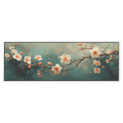 Minimalist Monochrome Line Art Cherry Blossoms Muted Green Background Refined Intricate Ultra High Definition Meticulous Details Panoramic Framed Canvas Wall Art - Awakening Righteousness