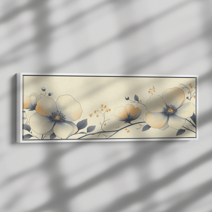 Minimalist Monochrome Line Art Garden Flowers Thin Clean Lines Warm Beige Background Ultra High Definition Elegant Design Panoramic Framed Canvas Wall Art - Awakening Righteousness