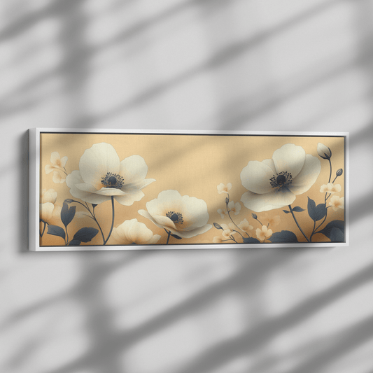 Minimalist Monochrome Line Art Garden Flowers Thin Clean Lines Warm Beige Background Ultra High Definition Elegant Design Panoramic Framed Canvas Wall Art - Awakening Righteousness
