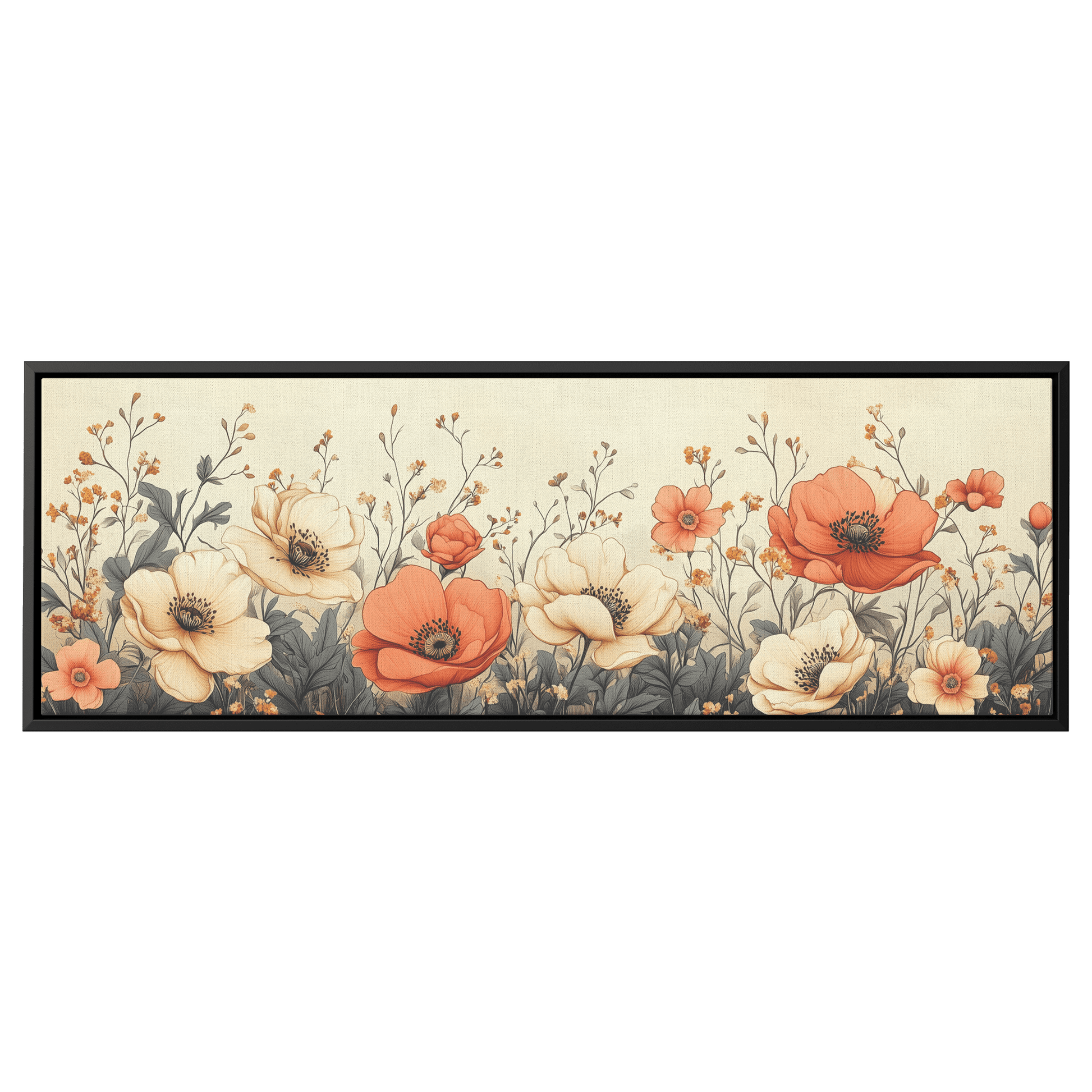 Minimalist Monochrome Line Art Garden Flowers Thin Clean Lines Warm Beige Background Ultra High Definition Elegant Design Panoramic Framed Canvas Wall Art - Awakening Righteousness