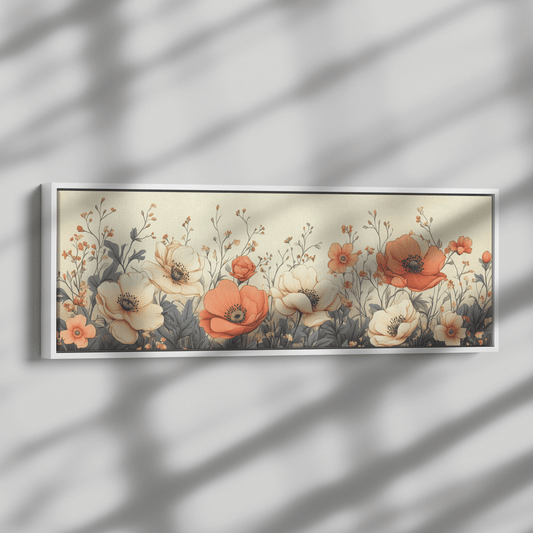 Minimalist Monochrome Line Art Garden Flowers Thin Clean Lines Warm Beige Background Ultra High Definition Elegant Design Panoramic Framed Canvas Wall Art - Awakening Righteousness