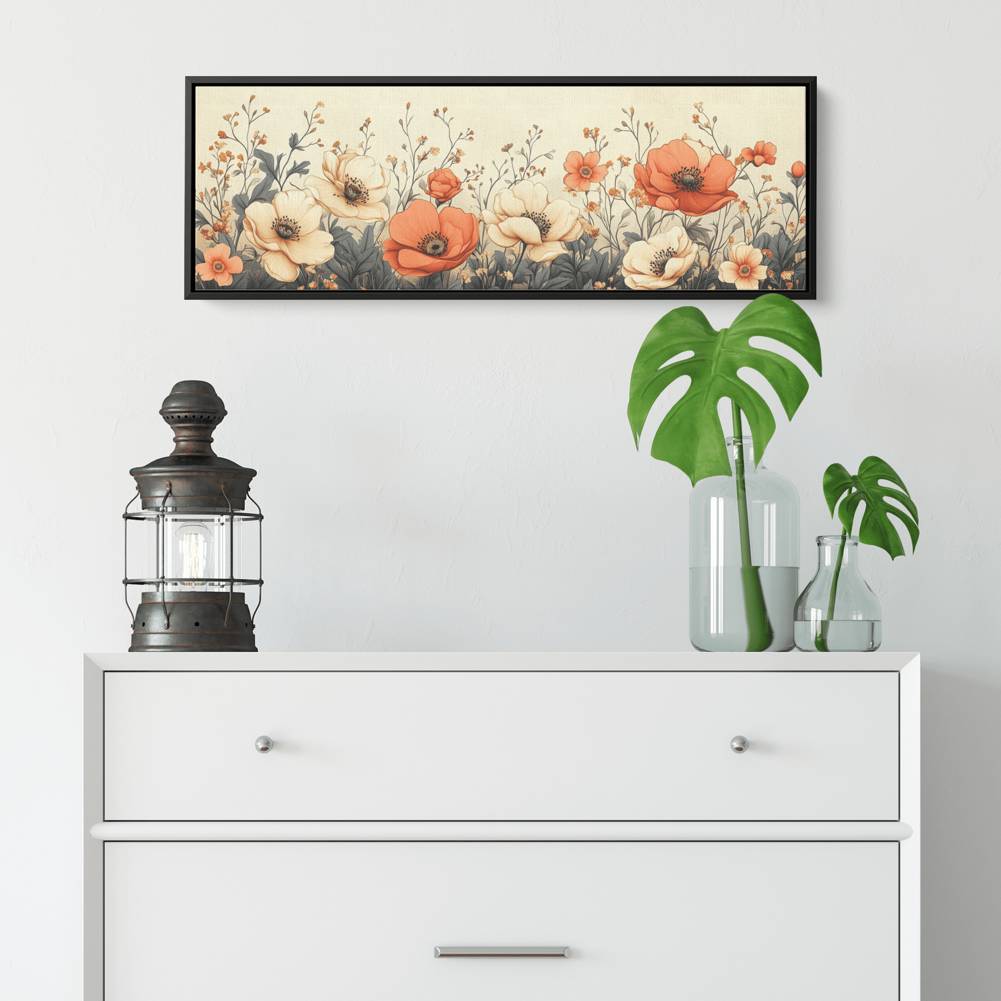 Minimalist Monochrome Line Art Garden Flowers Thin Clean Lines Warm Beige Background Ultra High Definition Elegant Design Panoramic Framed Canvas Wall Art - Awakening Righteousness
