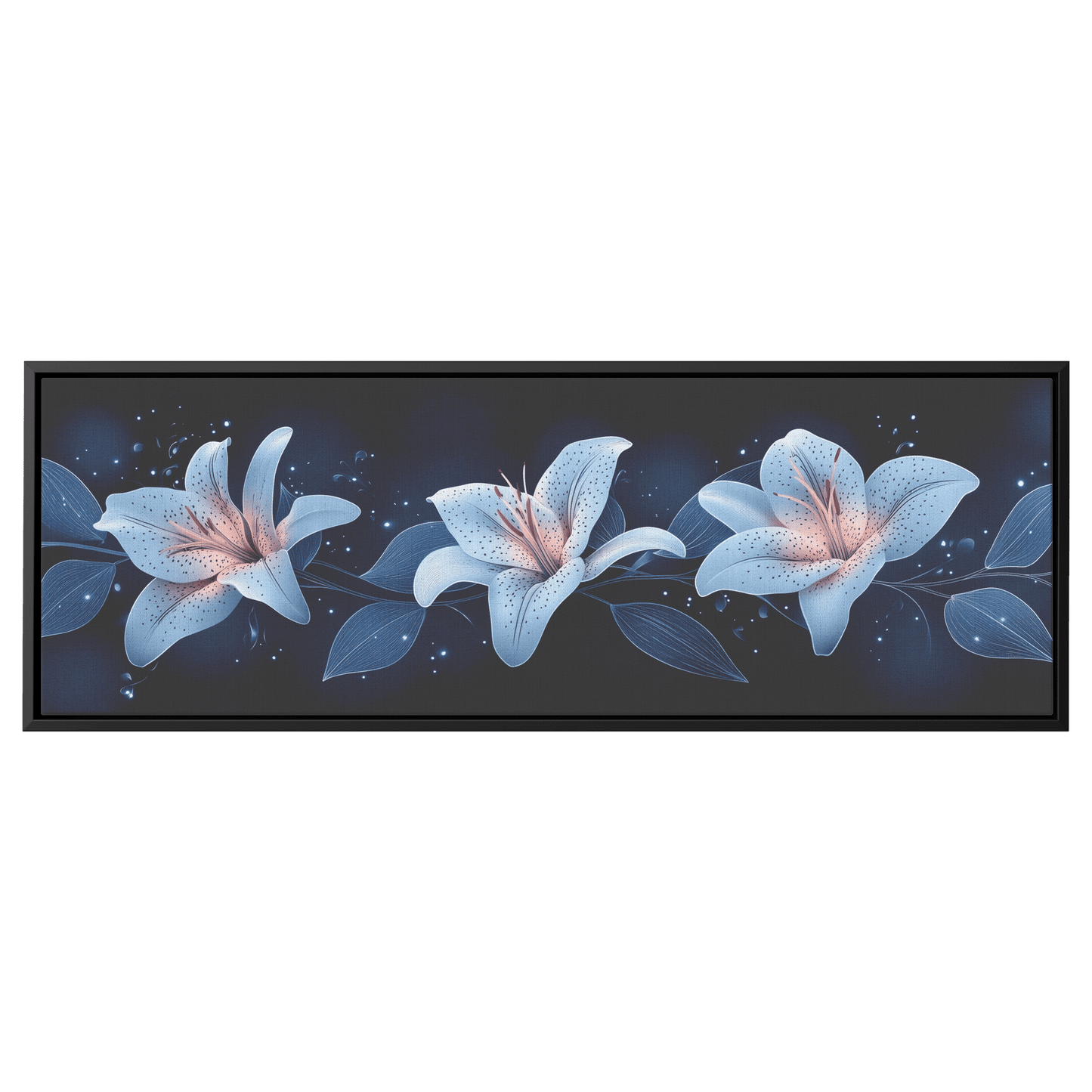Minimalist Monochrome Line Art Lilies Leaves Deep Navy Blue Background Bold Simple Ultra High Definition Panoramic Framed Canvas Wall Art - Awakening Righteousness
