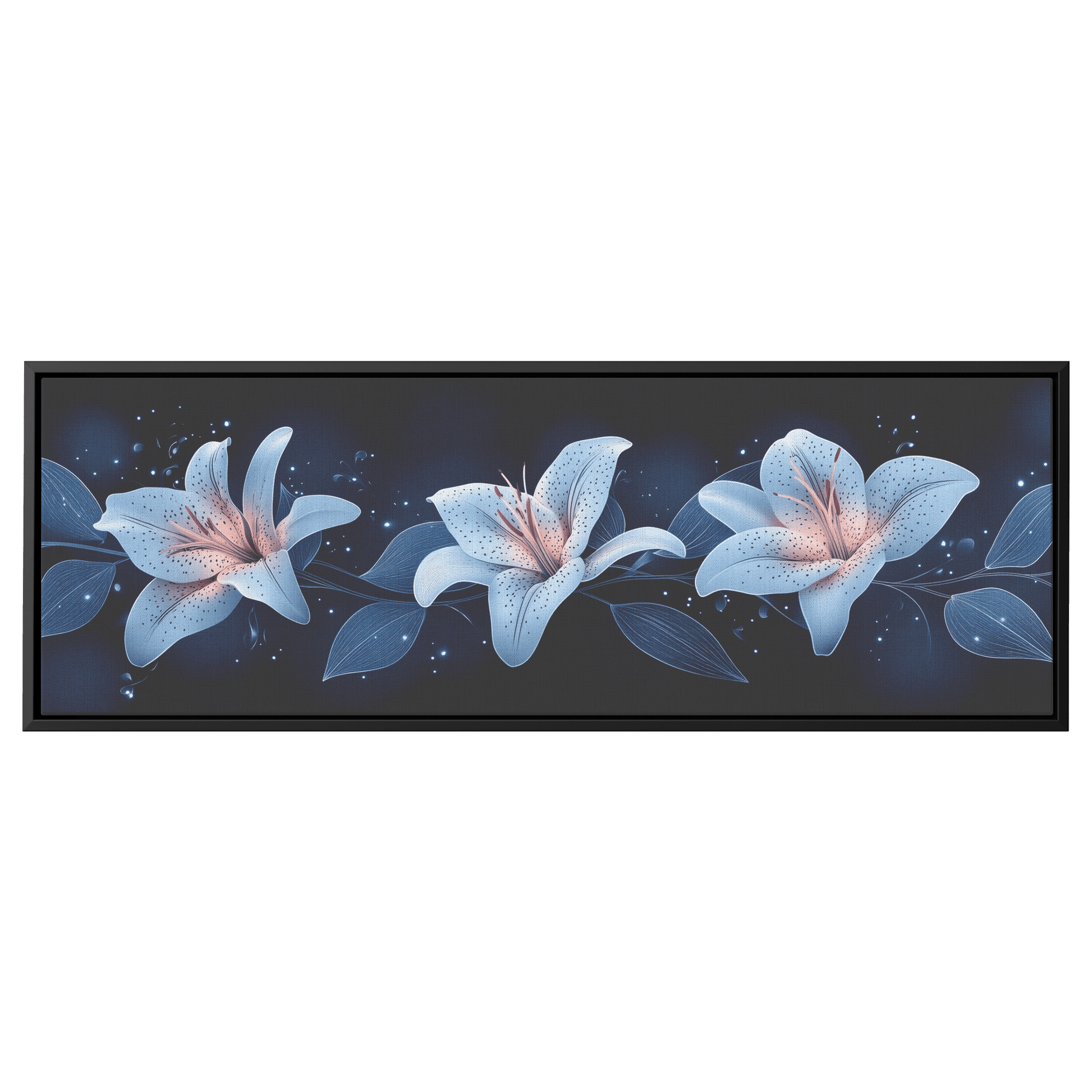 Minimalist Monochrome Line Art Lilies Leaves Deep Navy Blue Background Bold Simple Ultra High Definition Panoramic Framed Canvas Wall Art - Awakening Righteousness
