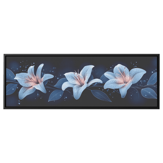 Minimalist Monochrome Line Art Lilies Leaves Deep Navy Blue Background Bold Simple Ultra High Definition Panoramic Framed Canvas Wall Art - Awakening Righteousness