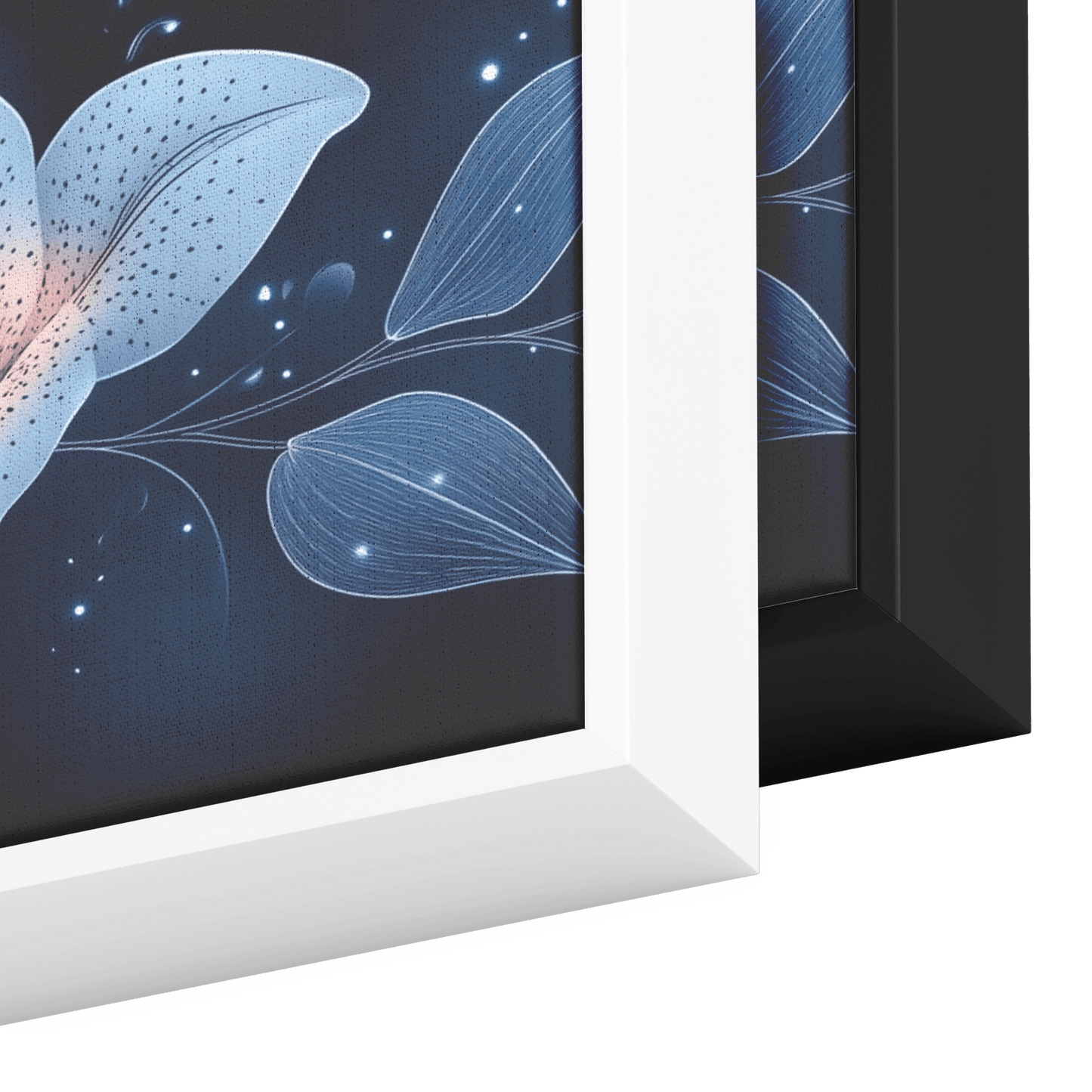 Minimalist Monochrome Line Art Lilies Leaves Deep Navy Blue Background Bold Simple Ultra High Definition Panoramic Framed Canvas Wall Art - Awakening Righteousness