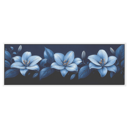 Minimalist Monochrome Line Art Lilies Leaves Deep Navy Blue Background Bold Simple Ultra High Definition Panoramic Framed Canvas Wall Art - Awakening Righteousness