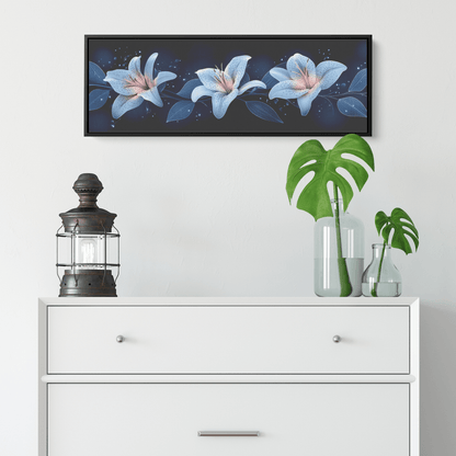 Minimalist Monochrome Line Art Lilies Leaves Deep Navy Blue Background Bold Simple Ultra High Definition Panoramic Framed Canvas Wall Art - Awakening Righteousness