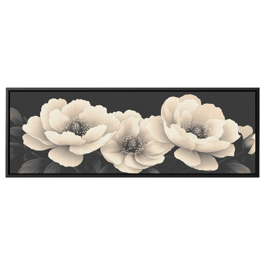 Minimalist Monochrome Line Art Peonies Delicate Shading Soft Taupe Background Elegant Contemporary Ultra High Definition Panoramic Framed Canvas Wall Art - Awakening Righteousness