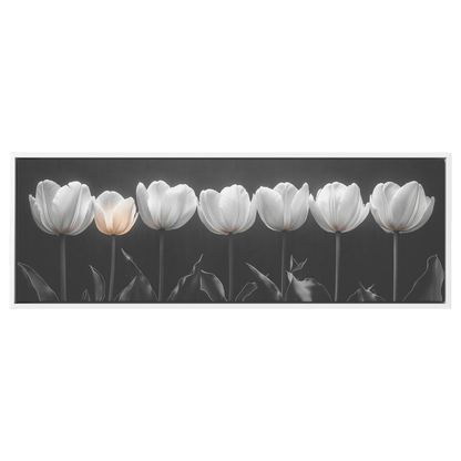 Minimalist Monochrome Line Art Tulips Solid Charcoal Background Refined Simplicity Ultra High Definition Luminous Highlights Panoramic Framed Canvas Wall Art - Awakening Righteousness