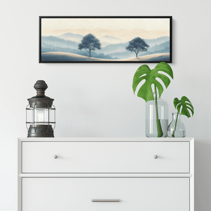 Minimalist Nature Artwork Distant Hills Tree Silhouettes Taupe Light Beige Tones Ultra High Definition Clean Design Panoramic Framed Canvas Wall Art - Awakening Righteousness