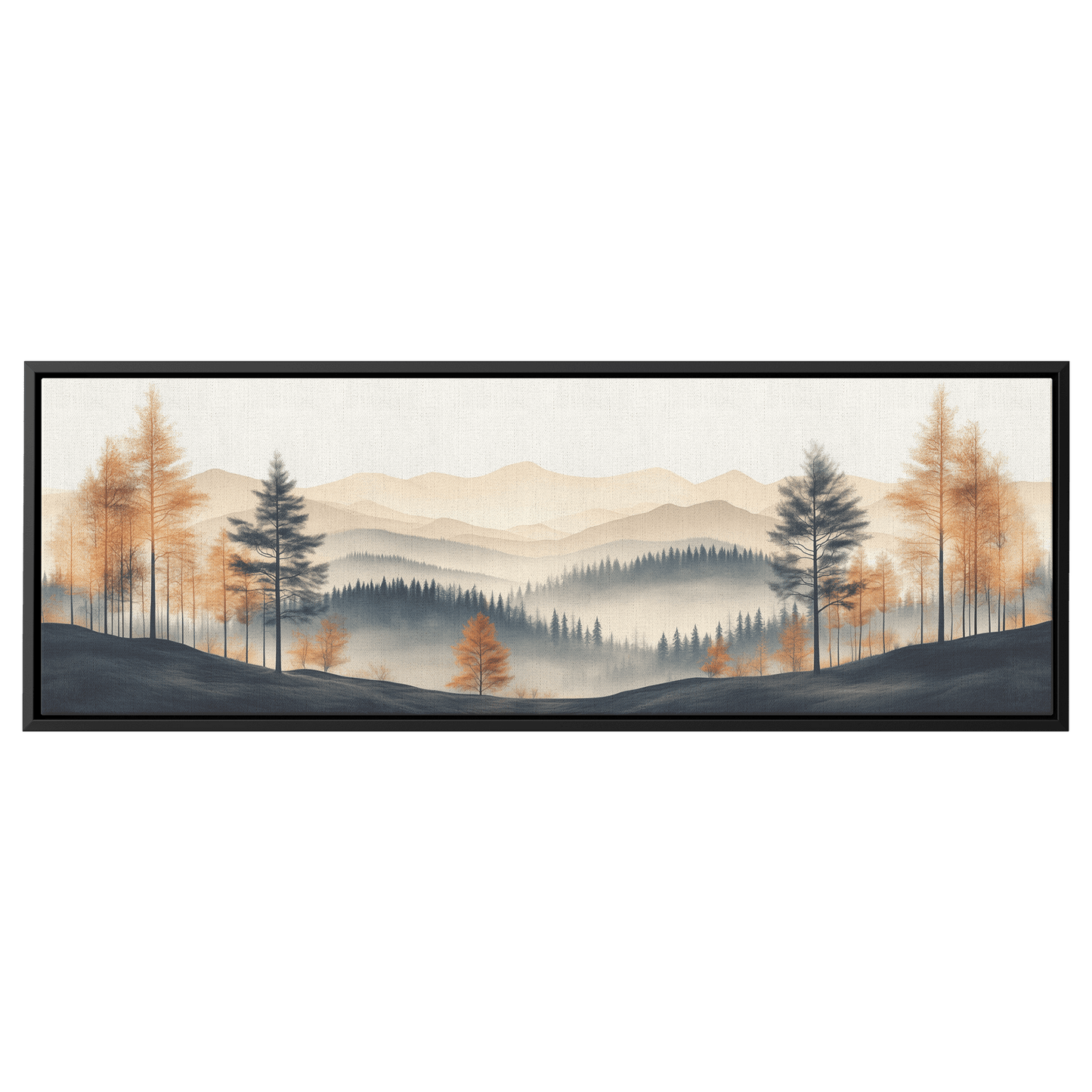 Minimalist Nature Artwork Distant Hills Tree Silhouettes Taupe Light Beige Tones Ultra High Definition Clean Design Panoramic Framed Canvas Wall Art - Awakening Righteousness