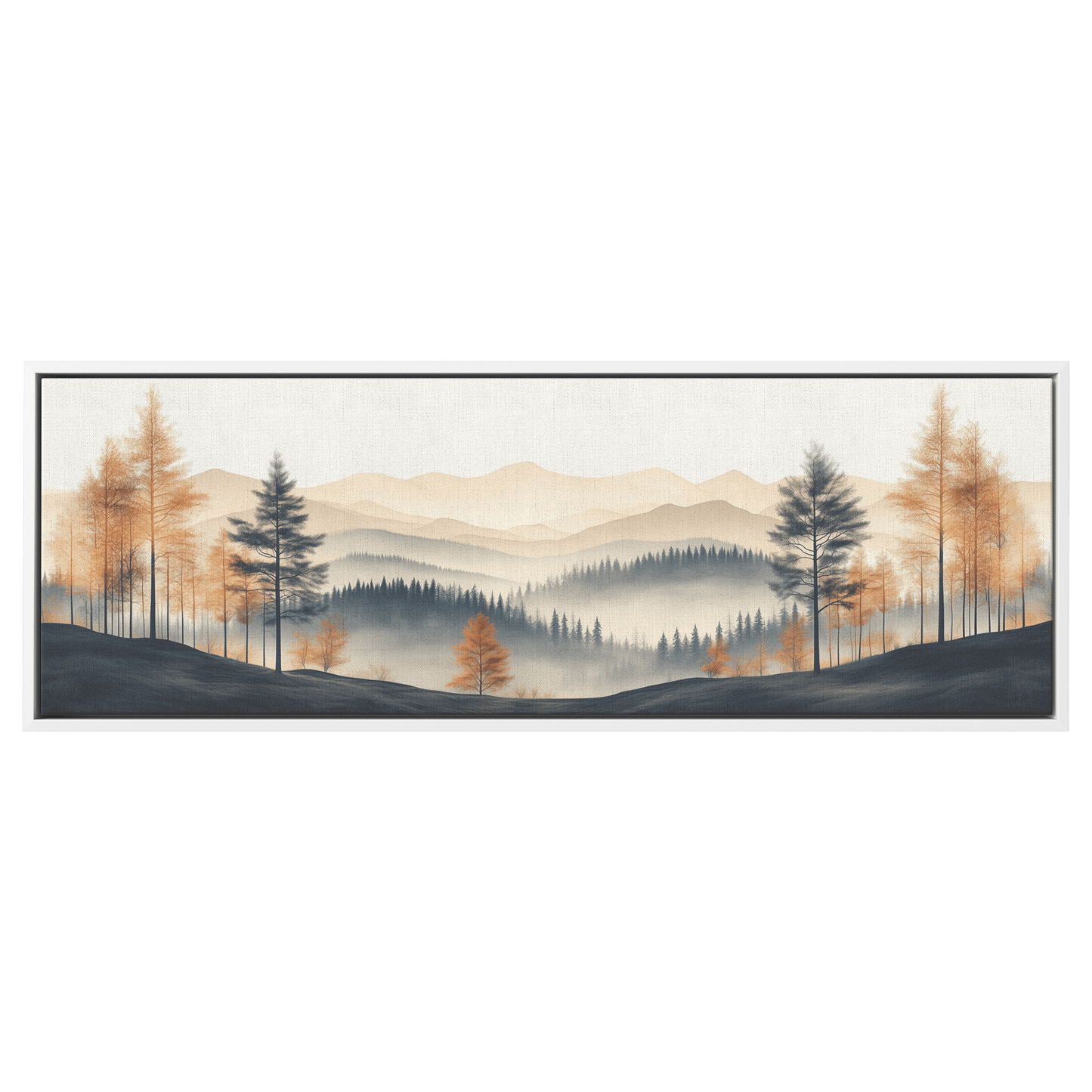 Minimalist Nature Artwork Distant Hills Tree Silhouettes Taupe Light Beige Tones Ultra High Definition Clean Design Panoramic Framed Canvas Wall Art - Awakening Righteousness