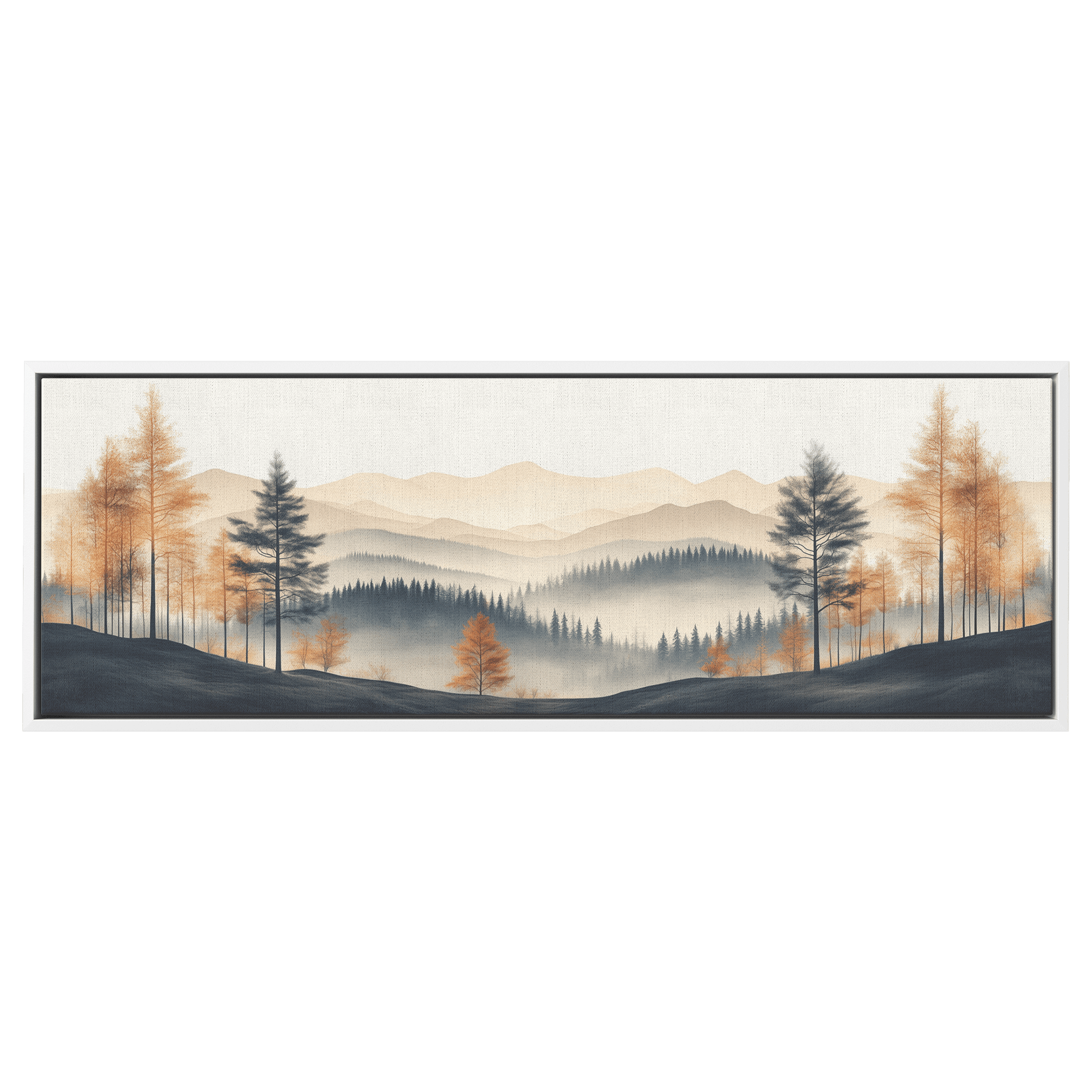Minimalist Nature Artwork Distant Hills Tree Silhouettes Taupe Light Beige Tones Ultra High Definition Clean Design Panoramic Framed Canvas Wall Art - Awakening Righteousness