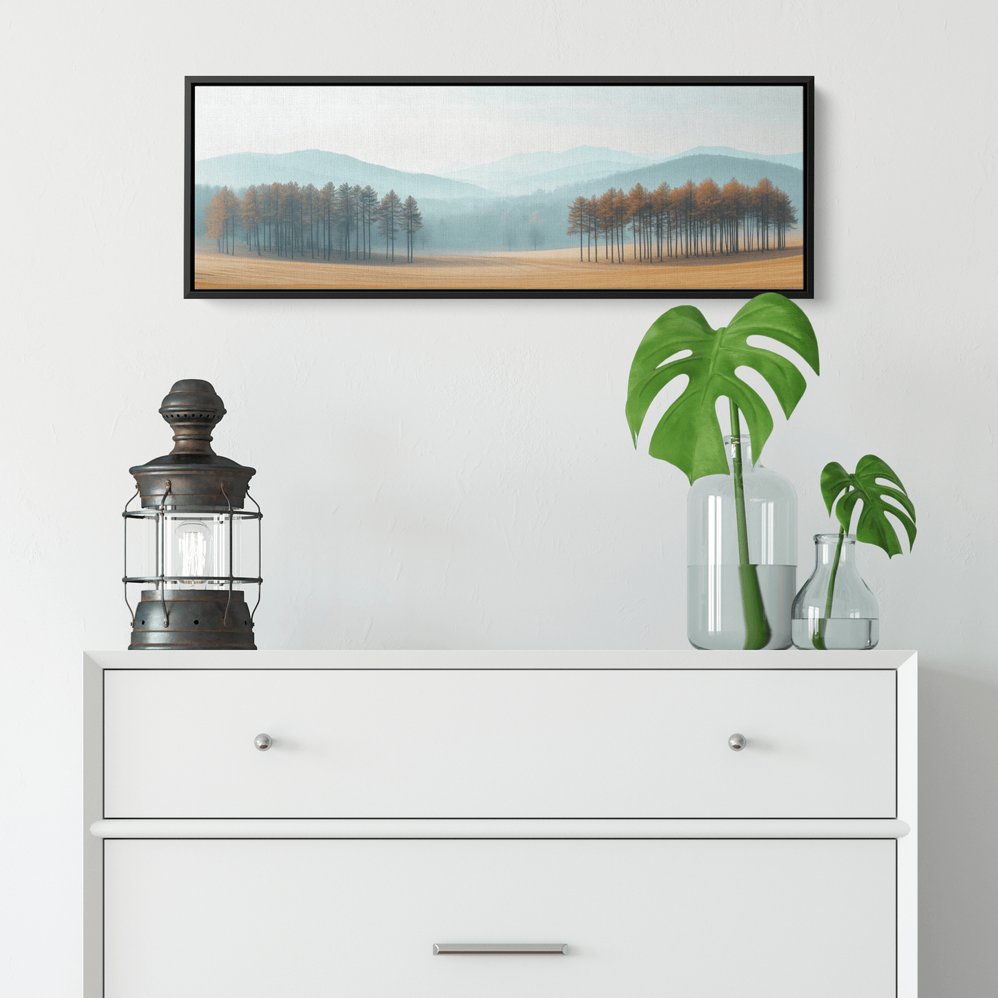 Minimalist Nature Artwork Distant Hills Tree Silhouettes Taupe Light Beige Tones Ultra High Definition Clean Minimalist Panoramic Framed Canvas Wall Art - Awakening Righteousness