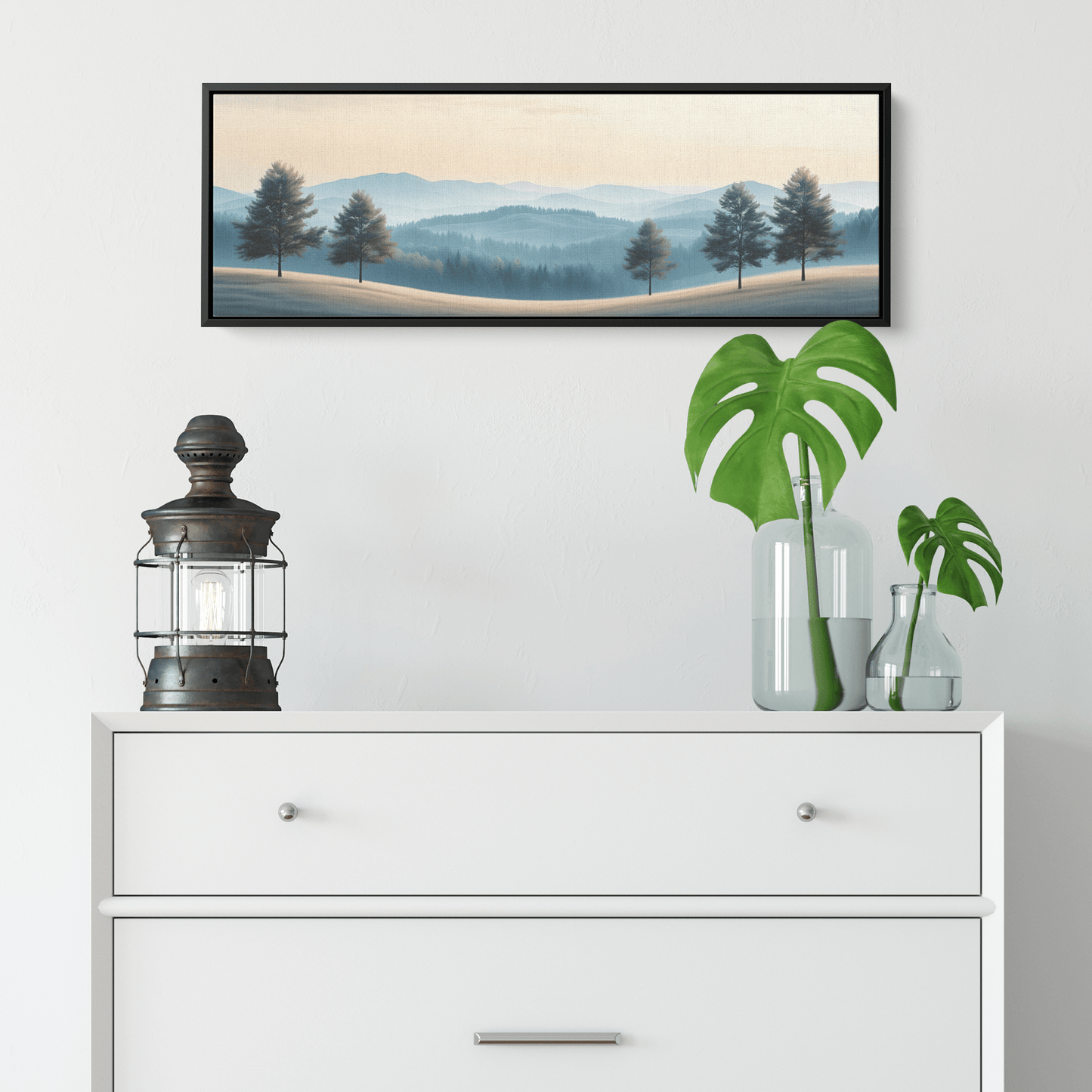 Minimalist Nature Artwork Distant Hills Tree Silhouettes Taupe Light Beige Tones Ultra High Definition Clean Minimalist Panoramic Framed Canvas Wall Art - Awakening Righteousness