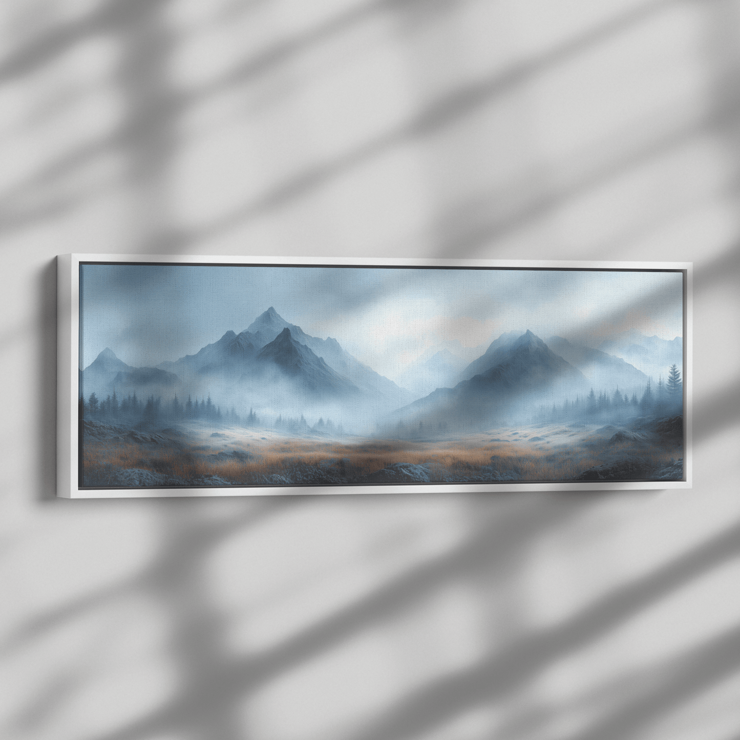 Minimalist Nature Illustration Foggy Landscape Gray Mountains Taupe Fields Ultra High Definition Calm Neutral Panoramic Framed Canvas Wall Art - Awakening Righteousness