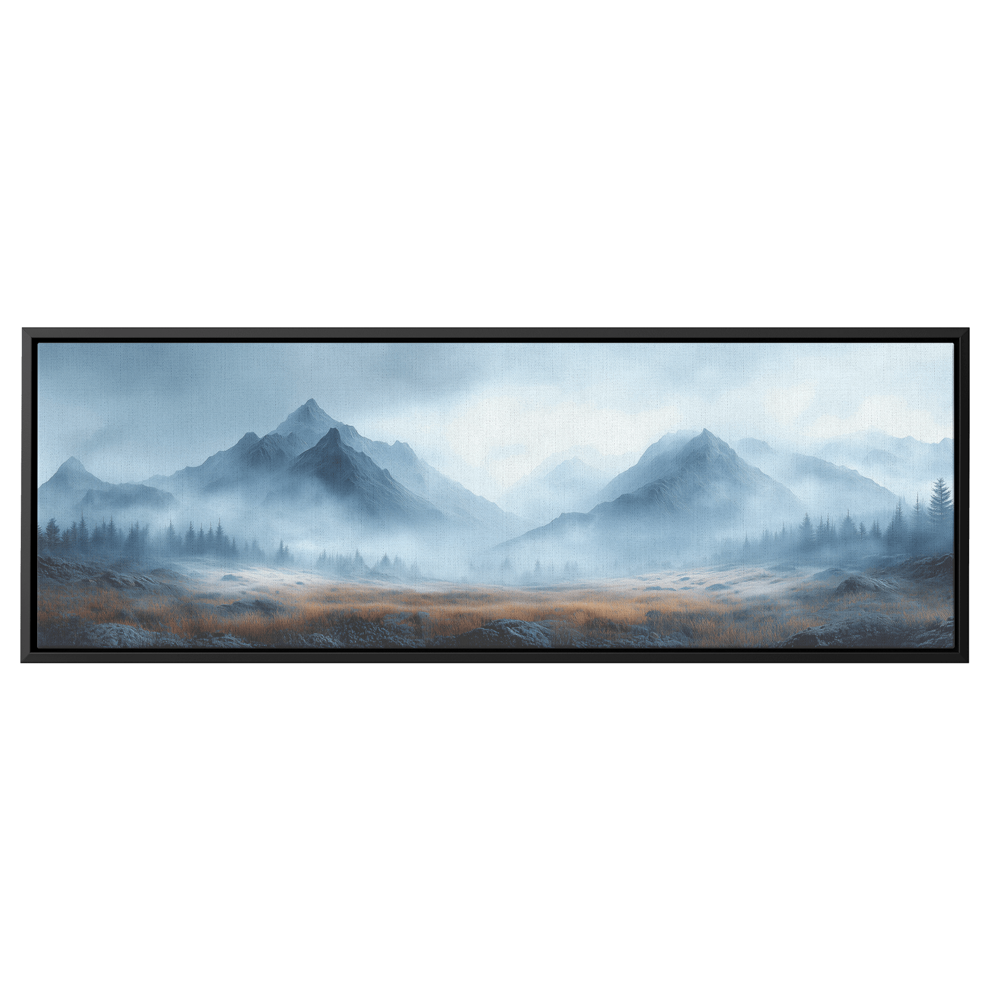 Minimalist Nature Illustration Foggy Landscape Gray Mountains Taupe Fields Ultra High Definition Calm Neutral Panoramic Framed Canvas Wall Art - Awakening Righteousness