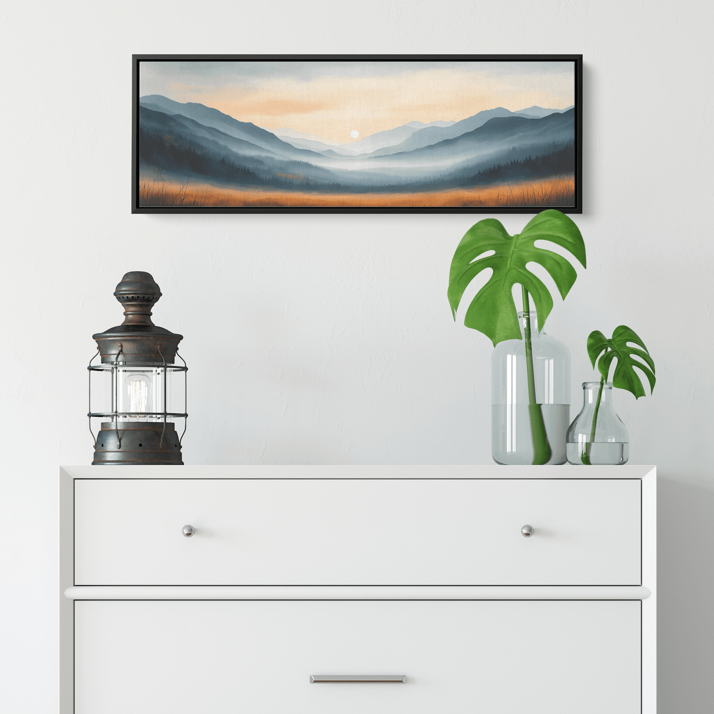 Minimalist Nature Illustration Foggy Landscape Gray Mountains Taupe Fields Ultra High Definition Calm Neutral Panoramic Framed Canvas Wall Art - Awakening Righteousness