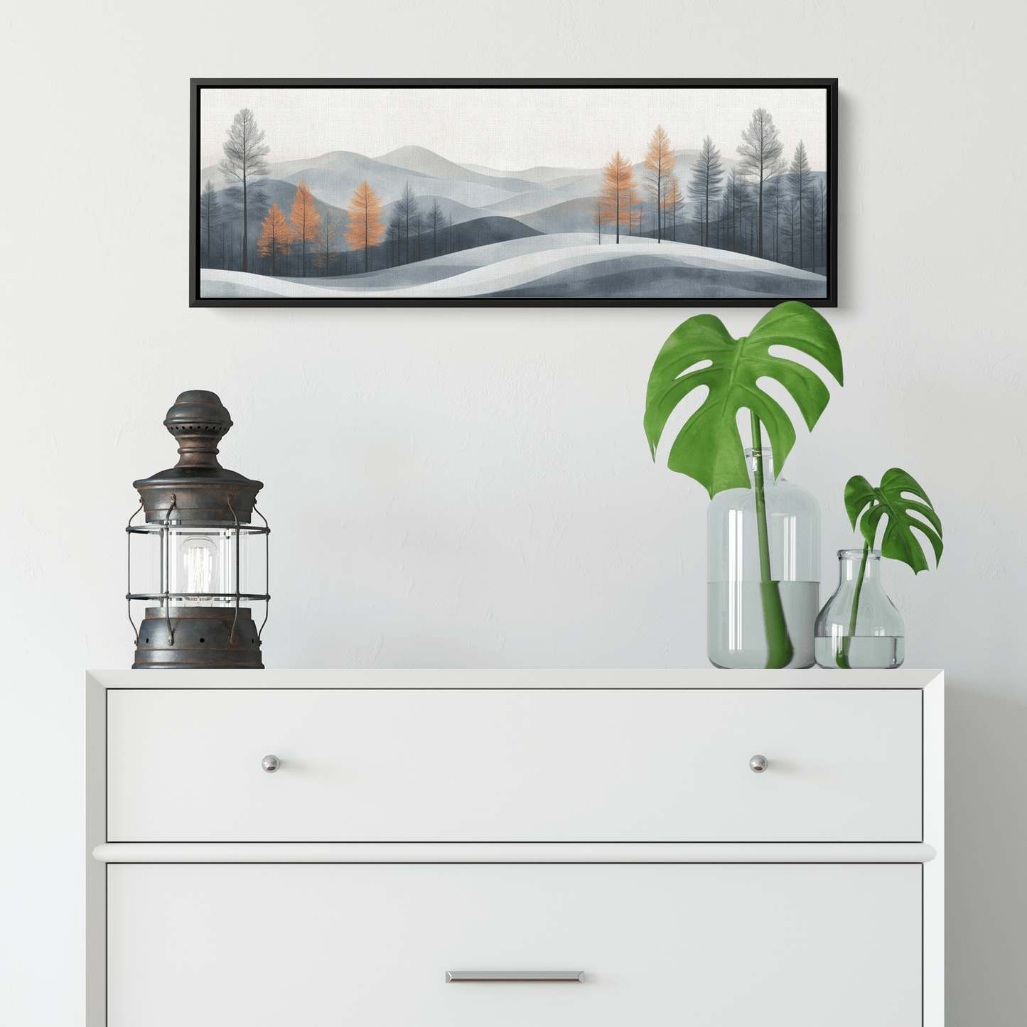 Minimalist Panoramic Nature Illustration Rolling Hills Sparse Tree Lines Soft Gray Taupe Ultra High Definition Panoramic Framed Canvas Wall Art - Awakening Righteousness