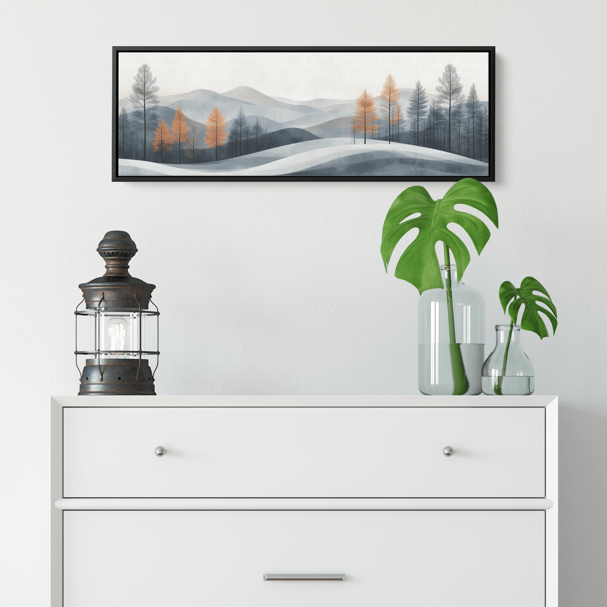 Minimalist Panoramic Nature Illustration Rolling Hills Sparse Tree Lines Soft Gray Taupe Ultra High Definition Panoramic Framed Canvas Wall Art - Awakening Righteousness