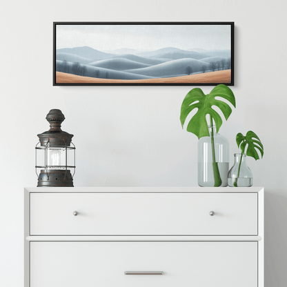 Minimalist Panoramic Nature Illustration Rolling Hills Sparse Tree Lines Soft Gray Taupe Ultra High Definition Panoramic Framed Canvas Wall Art - Awakening Righteousness