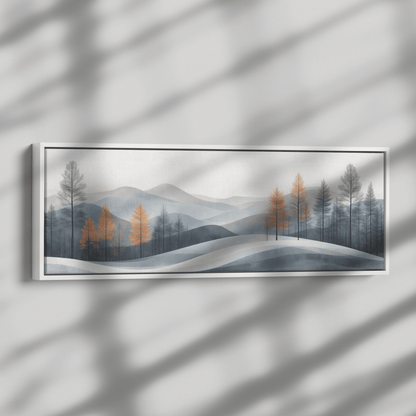 Minimalist Panoramic Nature Illustration Rolling Hills Sparse Tree Lines Soft Gray Taupe Ultra High Definition Panoramic Framed Canvas Wall Art - Awakening Righteousness