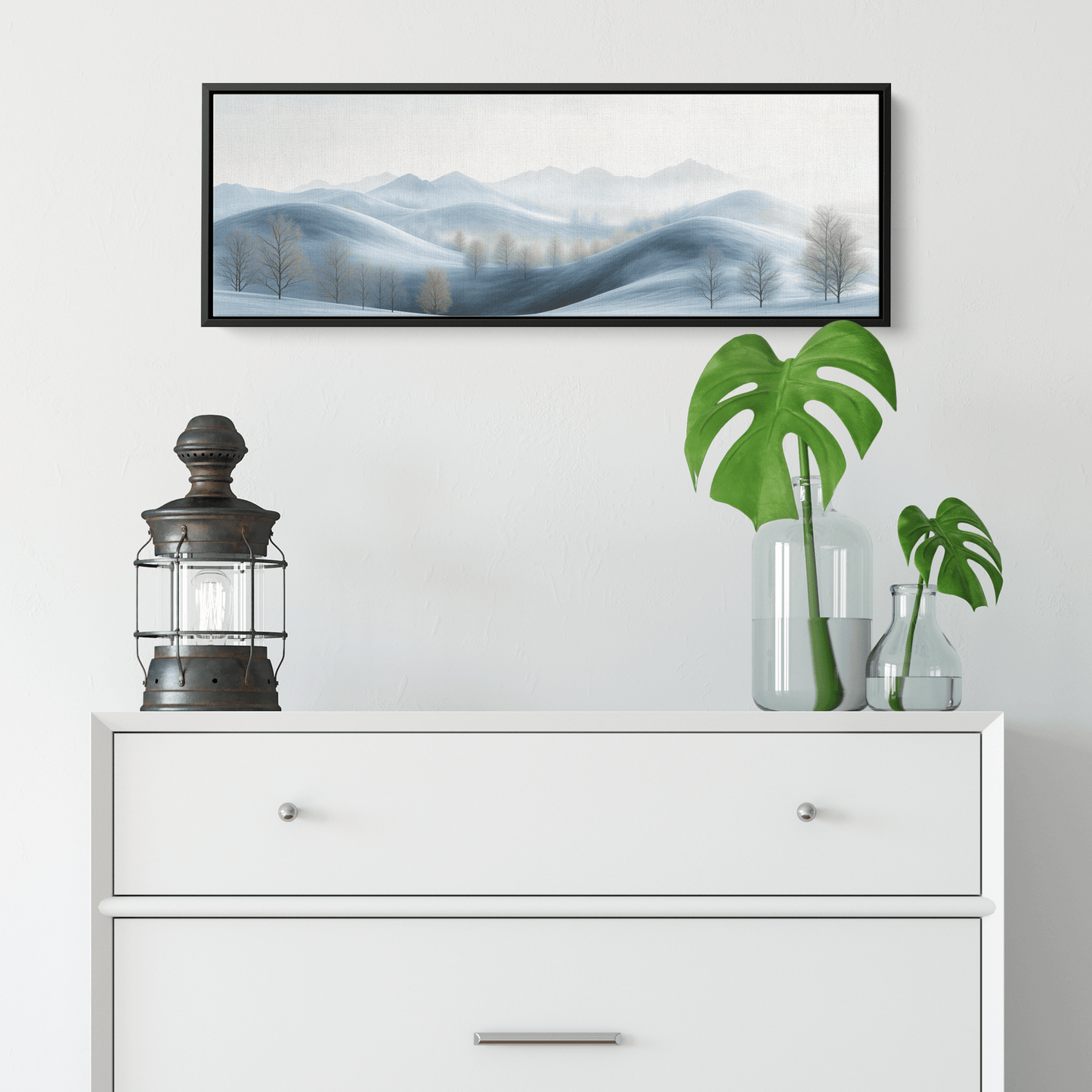 Minimalist Panoramic Nature Illustration Rolling Hills Sparse Tree Lines Soft Gray Taupe Ultra High Definition Panoramic Framed Canvas Wall Art - Awakening Righteousness