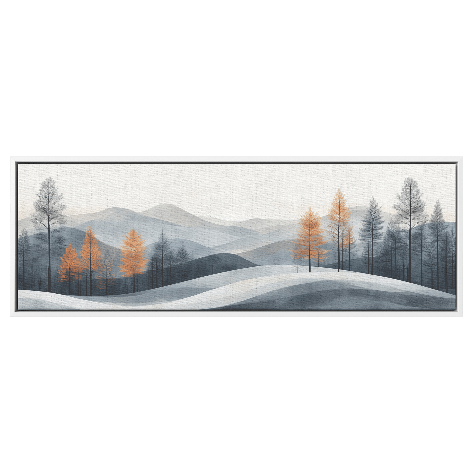 Minimalist Panoramic Nature Illustration Rolling Hills Sparse Tree Lines Soft Gray Taupe Ultra High Definition Panoramic Framed Canvas Wall Art - Awakening Righteousness