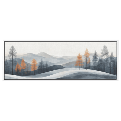 Minimalist Panoramic Nature Illustration Rolling Hills Sparse Tree Lines Soft Gray Taupe Ultra High Definition Panoramic Framed Canvas Wall Art - Awakening Righteousness