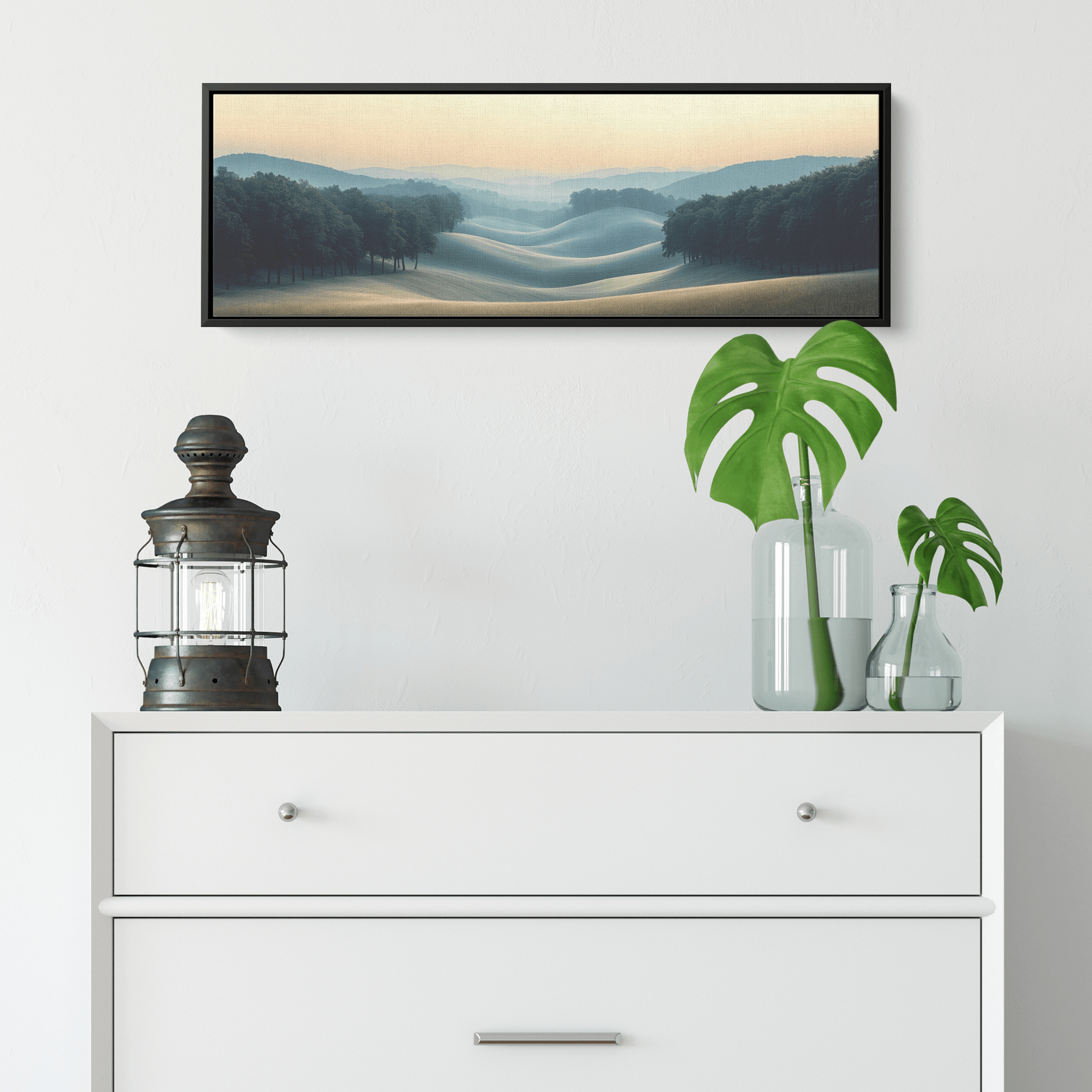 Minimalist Panoramic Scene Hills Tree Lines Soft Beige Taupe Tones Clean Lines Ultra High Definition Elegant Finish Panoramic Framed Canvas Wall Art - Awakening Righteousness