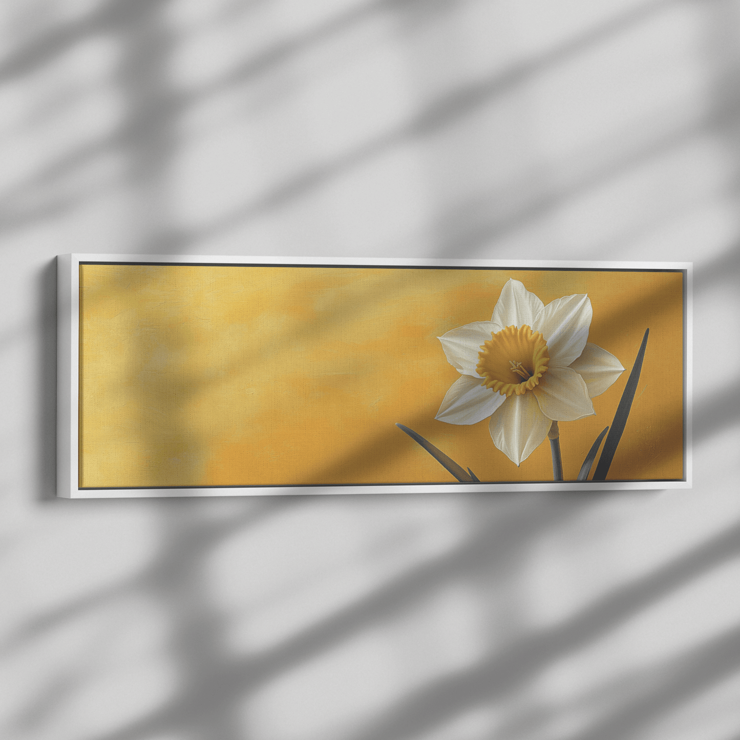 Minimalist Single Stem Floral Artwork Daffodil Thin Stem Pastel Yellow Background Ultra High Definition Hyper Detailed Minimalism Panoramic Framed Canvas Wall Art - Awakening Righteousness