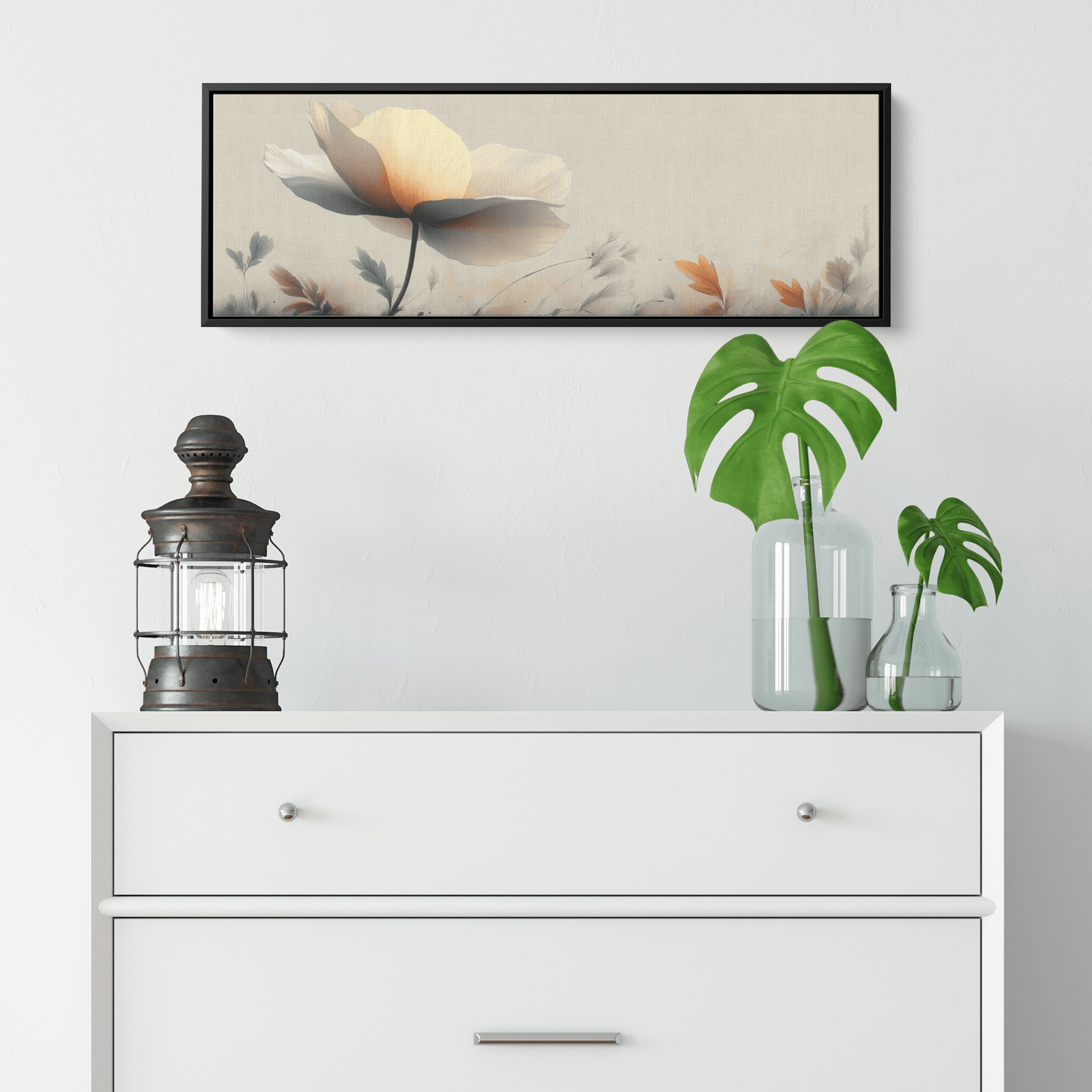 Minimalist Single Stem Floral Artwork Simple Poppy Flower Light Gray Background Ultra High Definition Luminous Linework Panoramic Framed Canvas Wall Art - Awakening Righteousness
