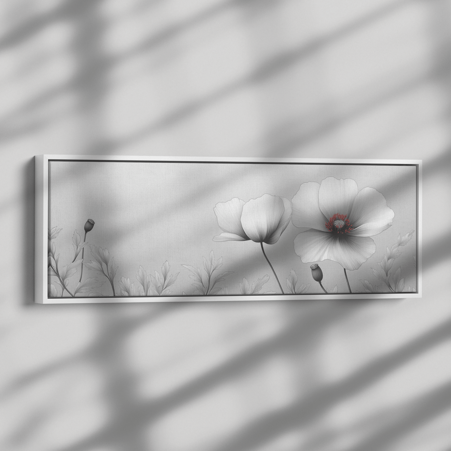 Minimalist Single Stem Floral Artwork Simple Poppy Flower Light Gray Background Ultra High Definition Luminous Linework Panoramic Framed Canvas Wall Art - Awakening Righteousness