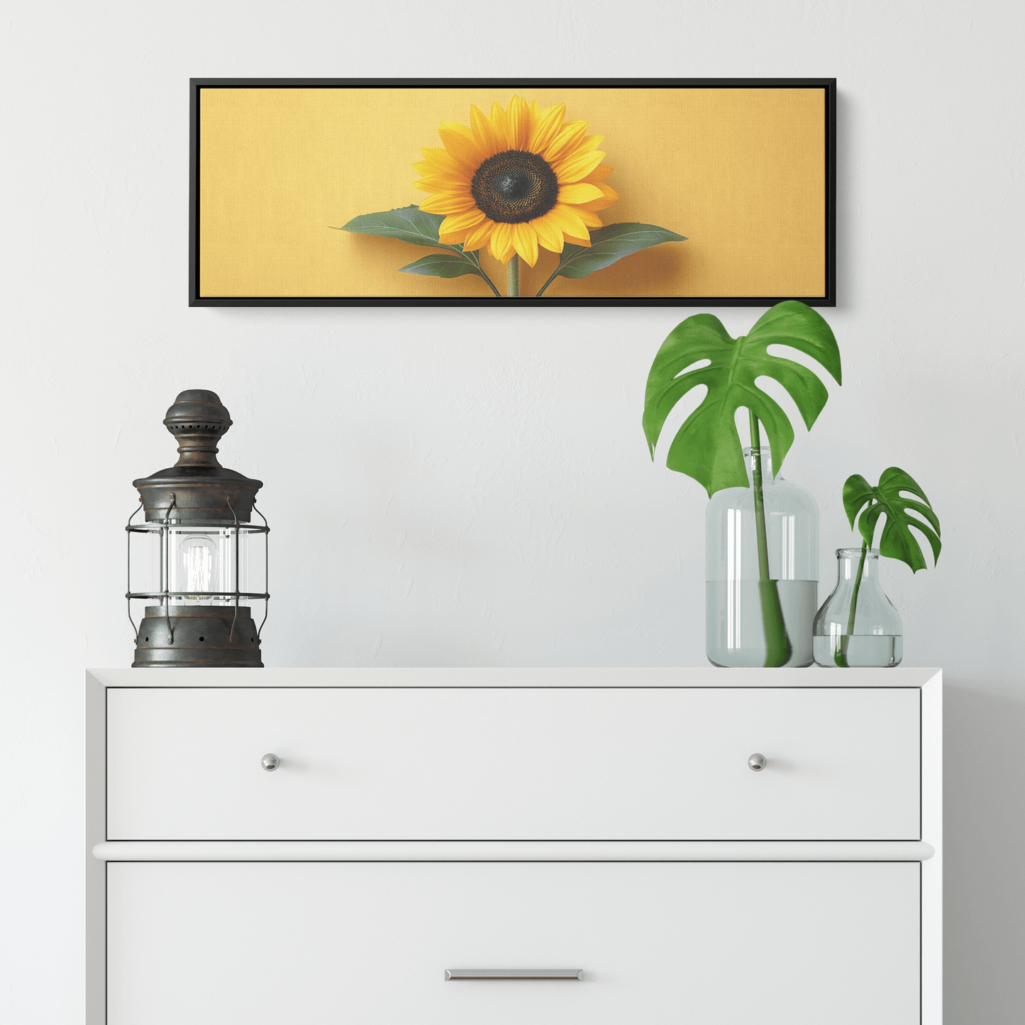 Minimalist Single Stem Floral Artwork Sunflower Simple Detailing Soft Cream Background Ultra High Definition Meticulously Designed Panoramic Framed Canvas Wall Art - Awakening Righteousness